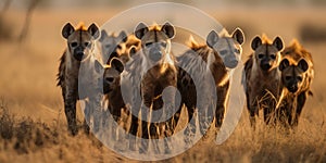 A pack of hyenas hunting together in the savanna, concept of Predator-prey dynamics, created with Generative AI