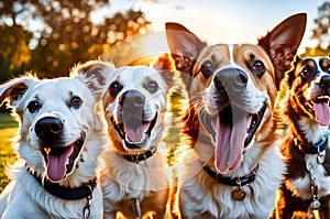 pack of joyful dogs capturing a selfie, front paws extended as if holding a camera, tongue out in excitement