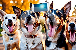 pack of joyful dogs capturing a selfie, front paws extended as if holding a camera, tongue out in excitement