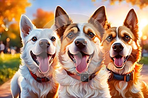 pack of joyful dogs capturing a selfie, front paws extended as if holding a camera, tongue out in excitement