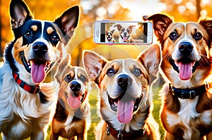 pack of joyful dogs capturing a selfie, front paws extended as if holding a camera, tongue out in excitement