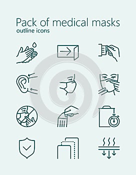Pack of medical masks outline iconset