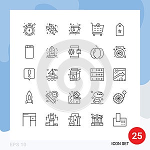 Pack of 25 Modern Lines Signs and Symbols for Web Print Media such as tag, rank, tea, one, shopping cart