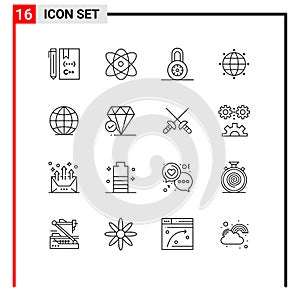 Pack of 16 Modern Outlines Signs and Symbols for Web Print Media such as big think, diamond, science, world, global photo
