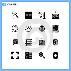 Pack of 16 Modern Solid Glyphs Signs and Symbols for Web Print Media such as summer, beach, drugs, anchor, cashing photo