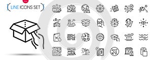 Pack of Present delivery, Honeymoon cruise and Petrol canister line icons. Pictogram icon. Vector