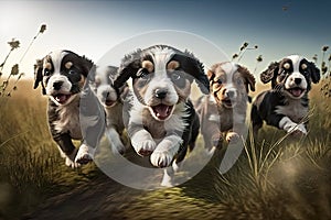 a pack of puppies, running and playing together in a field