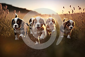 a pack of puppies, running and playing together in a field