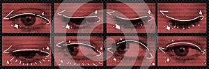 A pack of red eyes cut out as if from a magazine. An isolated look. Vector halftone rainbow elements for collage with