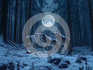 The pack of red moon,Group of ferocious wolf in the forest,3d illustration