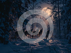 The pack of red moon,Group of ferocious wolf in the forest,3d illustration