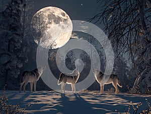 The pack of red moon,Group of ferocious wolf in the forest,3d illustration