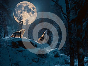 The pack of red moon,Group of ferocious wolf in the forest,3d illustration