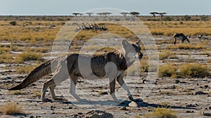 Pack of Thalassictis Scavenging Herbivore Carcass in Miocene Savannah photo