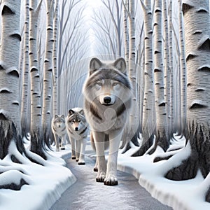 Pack Timber Wolves Wilderness Wintertime Birch Trees Snowy Pathway Forest Canada AI Generated