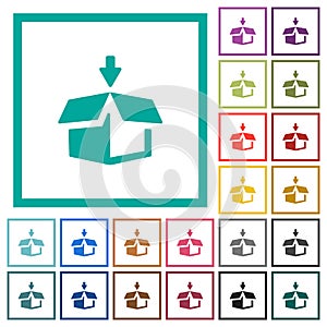 Pack to box flat color icons with quadrant frames