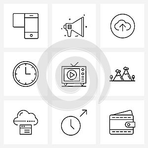 Pack of 9 Universal Line Icons for Web Applications TV, time, speaker, schedule, clock