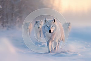 pack of white wolves in a winter landscape