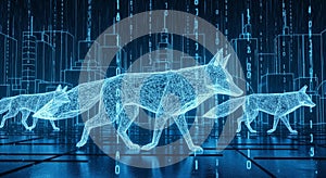 Digital Foxes in Futuristic Cityscape with Binary Code Rain