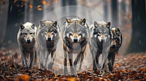 pack of wolves in the autumn forest , predators hunting, attack of wild animals photo