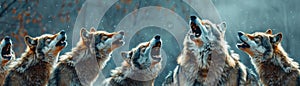A pack of wolves howling in the snow