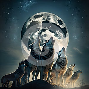A pack of wolves howling together under a full moon generative AI