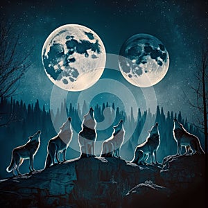 A pack of wolves howling together under a full moon image generative AI