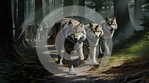 Pack of Wolves Moving Through Forest