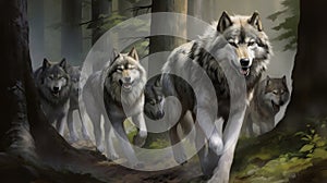 Pack of Wolves Moving Through Forest