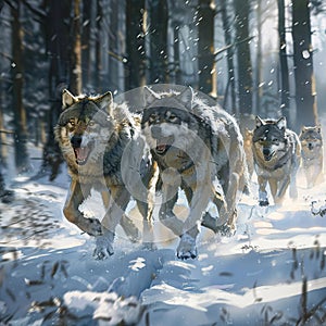 A pack of wolves running through a snowy forest