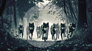 A pack of wolves running through the woods