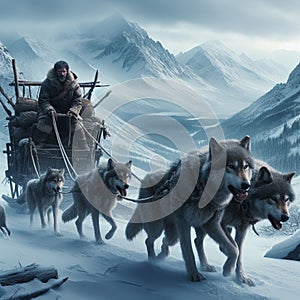 A pack of wolves towing a sled full of provisions to a remote m photo