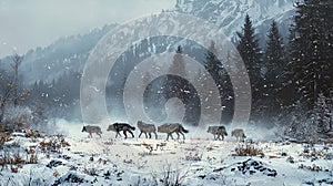 Pack of wolves walking through snowy forest