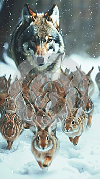 Pack of wolves in the winter forest, attacking giant rabbit