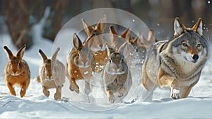 Pack of wolves in the winter forest, attacking giant rabbit