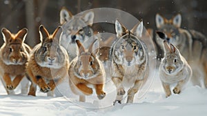 Pack of wolves in the winter forest, attacking giant rabbit