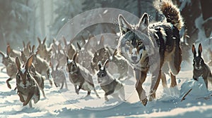 Pack of wolves in the winter forest, attacking giant rabbit