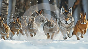 Pack of wolves in the winter forest, attacking giant rabbit