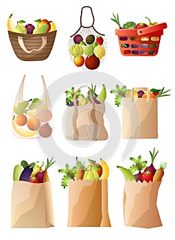 Package and basket with fresh, eco vegetables and fruits