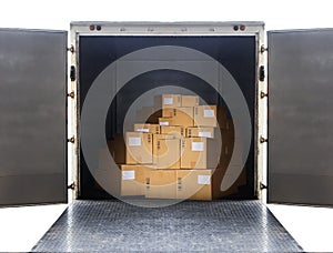 Package Boxes Load with Cargo Container Truck. Delivery, Shipment Boxes, Cargo Freight Truck transport and Logistics