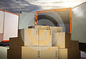 Package Boxes Load with Shipping Cargo Container. Shipment Boxes, Delivery Truck, Cargo Freight Truck transport and Logistics