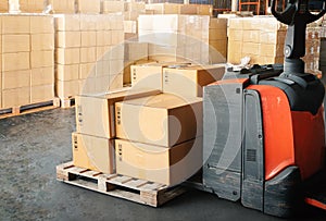 Package Boxes on Pallets and Forklift Pallet Jack. Shipment Boxes, Supply Chain, Supplies Warehouse Shipping Logistics.