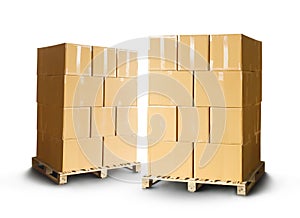 Package Boxes Stack on Wooden Pallets. Isolated on White Background. Cardboard Boxes, Parcels, Warehouse Shipping