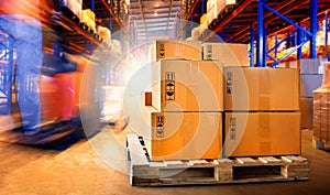 Package Boxes Stacked on Wooden Pallets. Forklift Loading in Storehouse. Supply Chain. Cargo Supplies Warehouse Shipping.