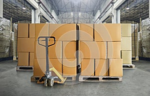 Package Boxes Stacked on Wooden Pallets in Warehouse. Distribution, Shipment Boxes, Supply Chain, Supplies Warehouse Shipping.