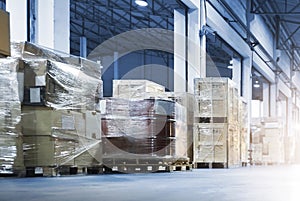 Package Boxes Wraaped Plastic Film on Pallets in Storage Warehouse. Supply Chain. Storehouse Cargo Shipment. Shipping Warehouse