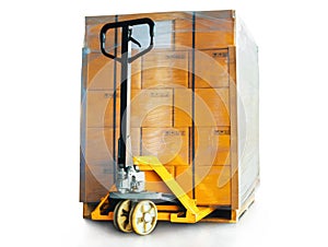 Package Boxes Wrapped Plastic on Pallet and Hand Pallet Truck. Warehouse Shipping, Stockpile, Supply Chain, Supplies Warehouse.