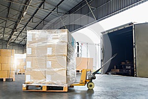 Package Boxes Wrapped Plastic on Pallets Loading into Cargo Container. Supplies Shipment, Supply Chain. Warehouse Shipping