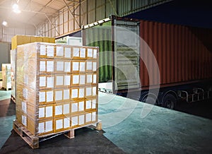 Package Boxes Wrapped Plastic Stacked on Pallets Load into Cargo Container. Freight Truck Logistics Cargo Transport