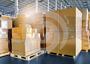 Package Boxes Wrapped Plastic Stacked on Pallets. Warehouse Shipping, Shipment Boxes, Supply Chain, Cargo Supplies